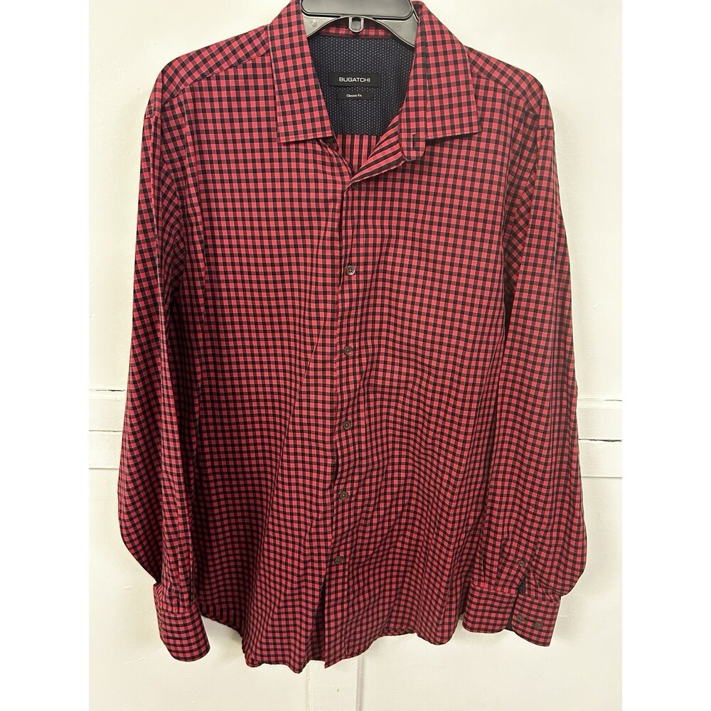 Bugatchi Button-Down‎ Shirt Gingham Check Red Black - Men's L -